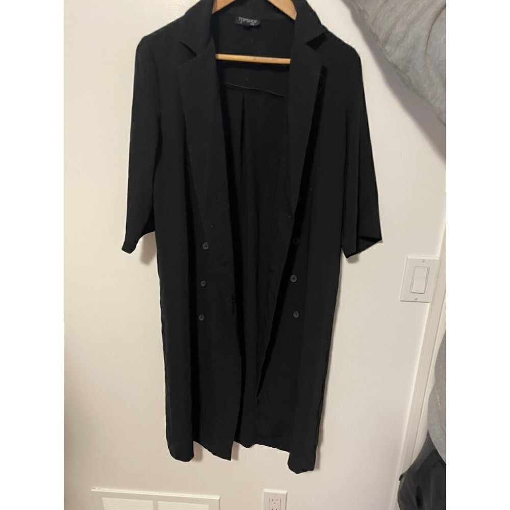 Topshop Trench Coat Women's Size 6 Black Buttons Half Sleeves Cardigan Style